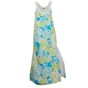 Lilly Pulitzer Resortwear Sea Urchin Aqua Beaded Neckline Side Slit Maxidress